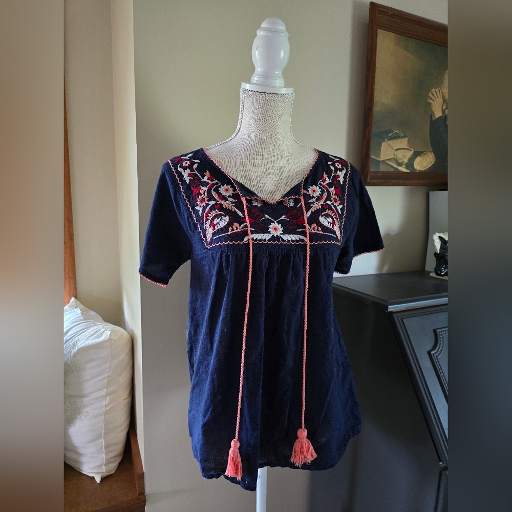 Montego Navy Blue Bohemian Womens Top Medium Sz. 38 Embroidered